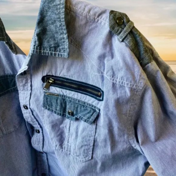 Ecko Unlimited Blue Stripes SNAP Cotton Shirt Long Sleeves Roll up - Picture 10 of 11